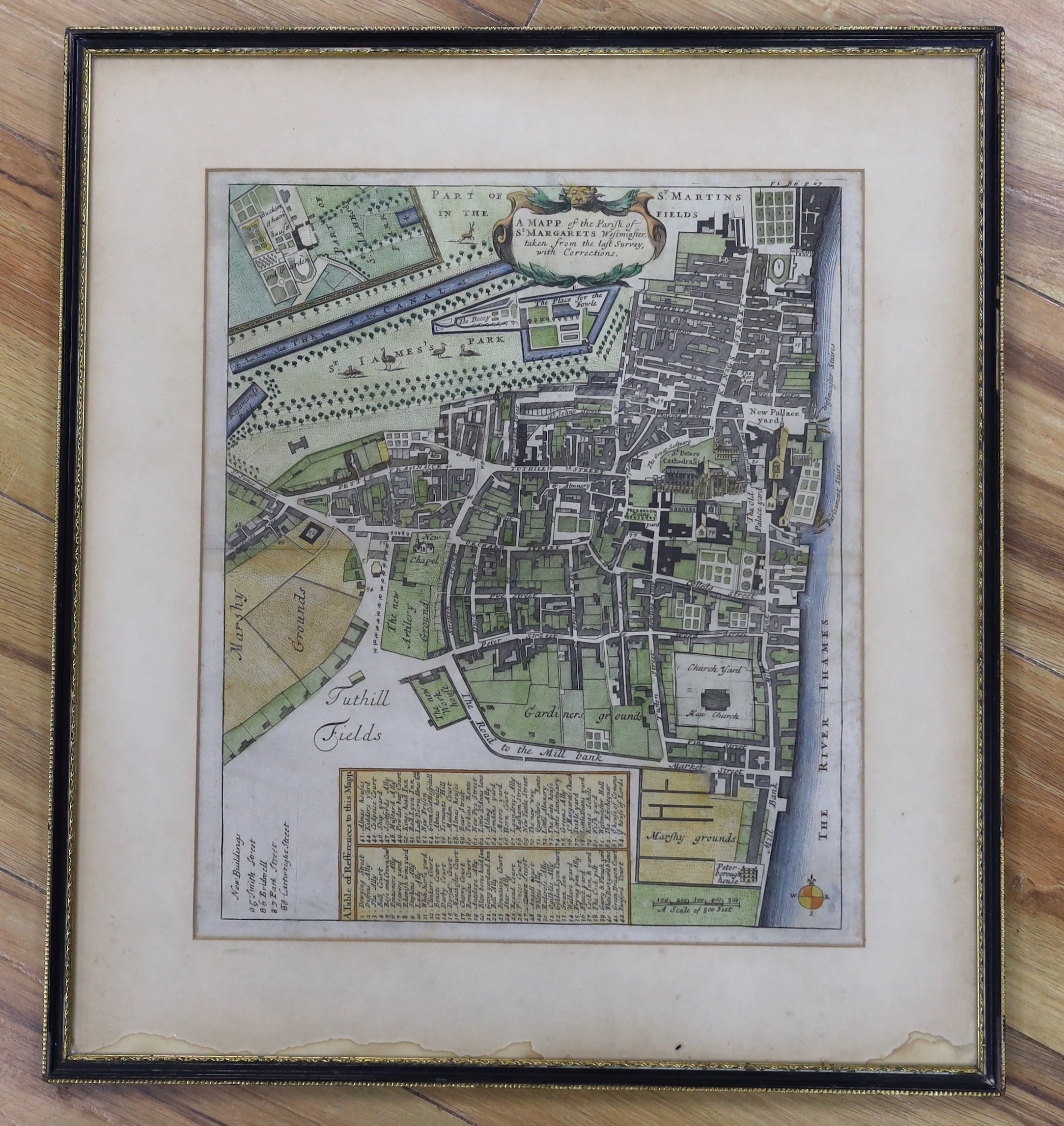 John Strype (1634-1737), antique hand coloured engraving, map, The Parish of St Margarets, Westminster, circa 1755, 36cm x 31cm